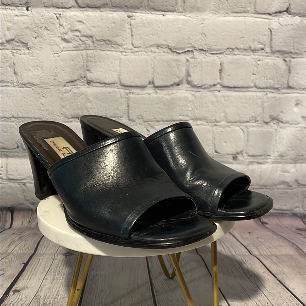Etienne Aigner Navy Leather Mules with Block Heel Sz 7